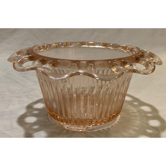Depression Glass Pink Bowl Flower Old Colony Footed Lace Edge Ribbed Scalloped - Picture 2 of 7